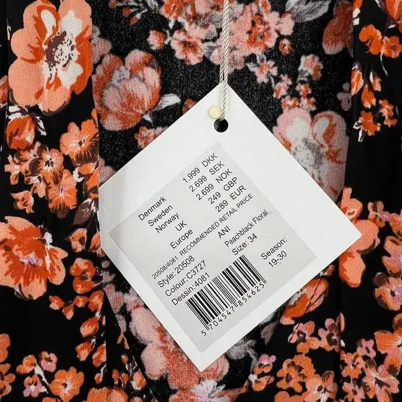 BAUM UND PFERDGARTEN Ani Tie Neck Midi Dress Womens 34 XS Navy Orange NWT